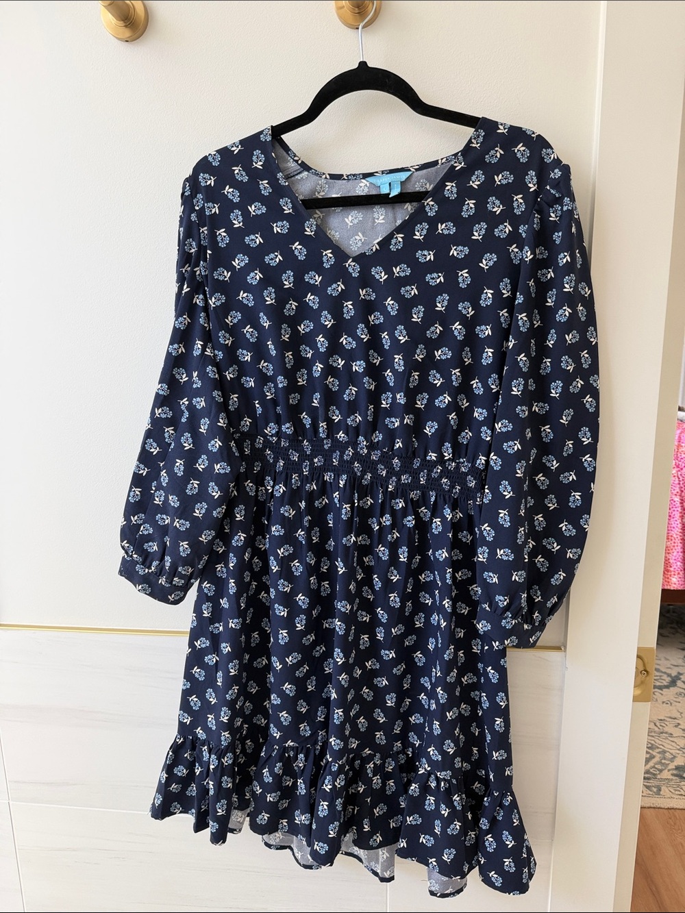 Draper James Navy Floral V‑Neck Smocked Waist Long Sleeve Dress